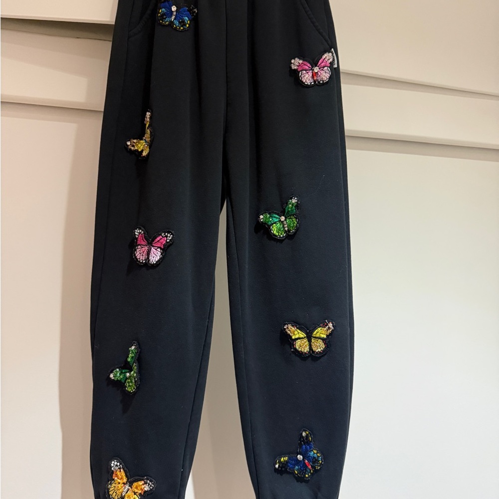 Lola + The Boys Black Sweatpants with Colorful Butterflies